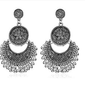 3/$30 Ethnic Brocade Lotus Dangle Earrings Silver